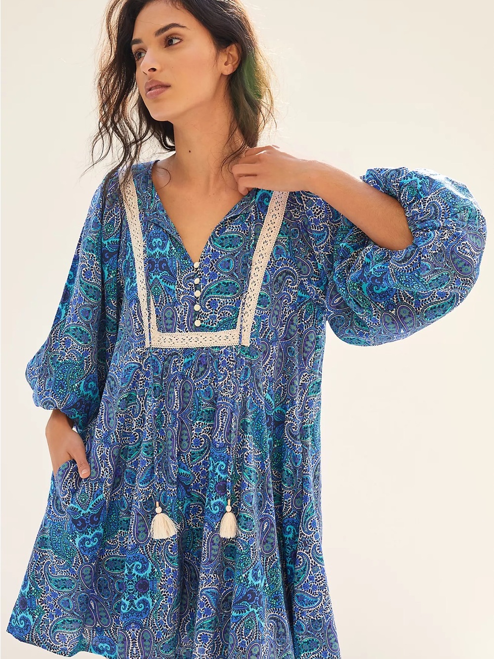 Anthropologie Blue & Teal Paisley Crochet-Trim Boho romper